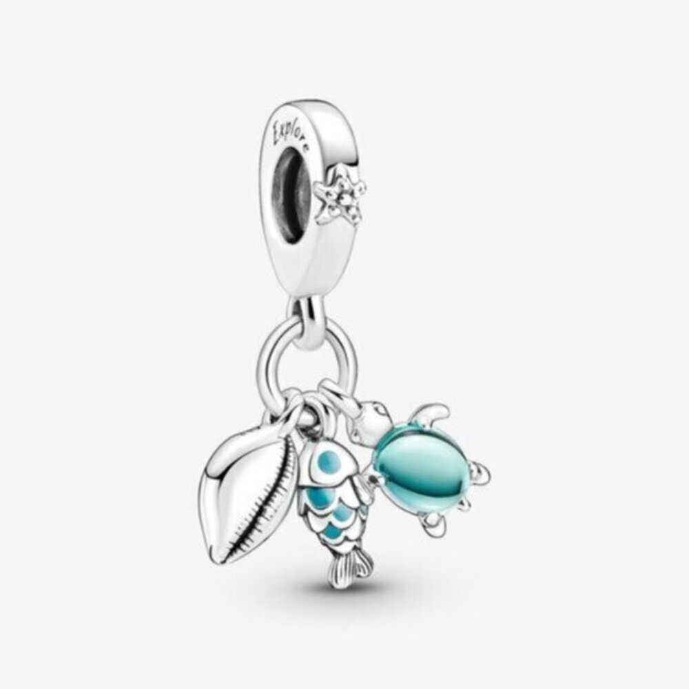 Pandora Silver Sea Life Dangle Charm with Aqua Blue Accents